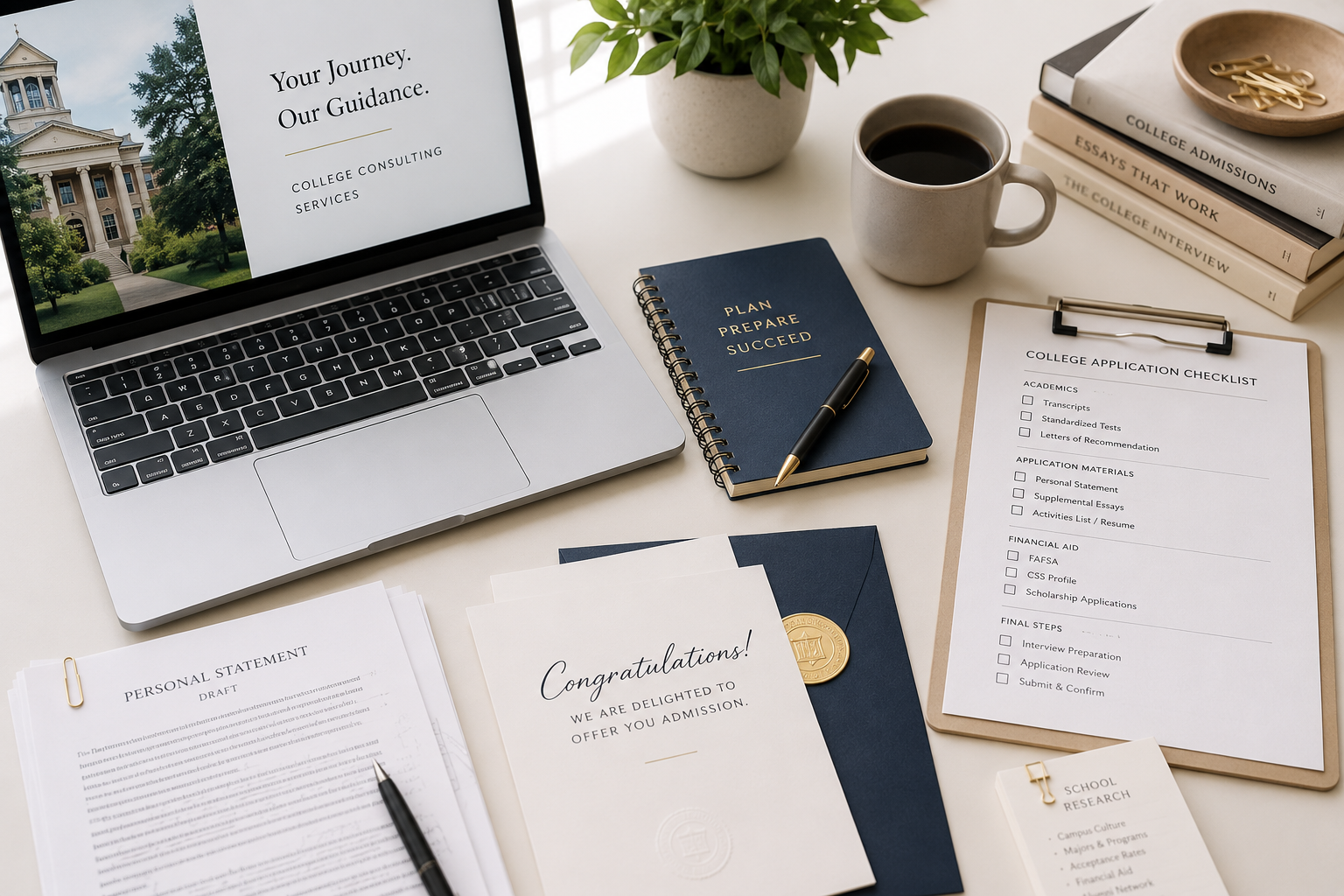 College application planning materials on a desk